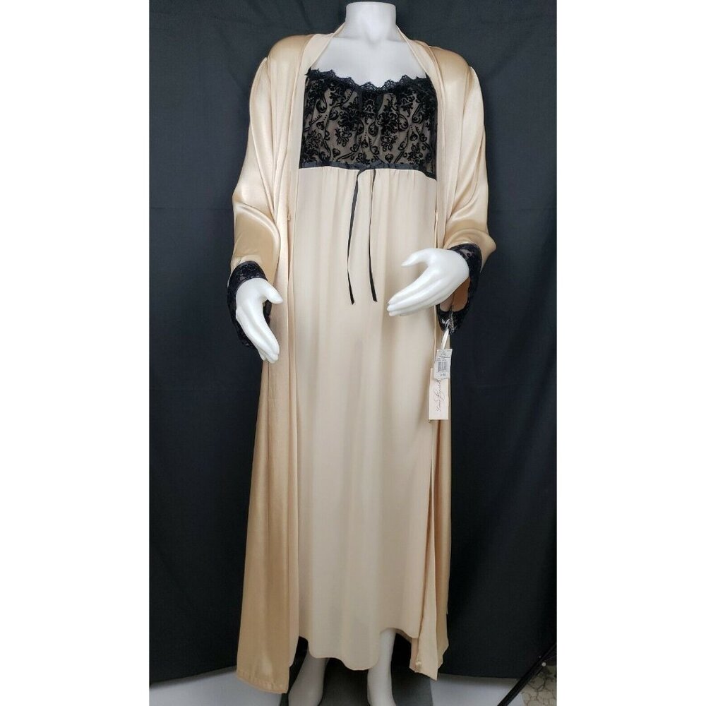 Champagne Satin Peignoir Set S/M Long Sheer Nightgown Gown Velvet Lace Tie Robe